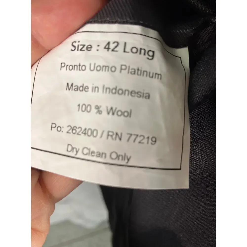 Pronto Uomo Platinum Black‎ Wool Suit 42L Jacket 35W Pants Career Professional